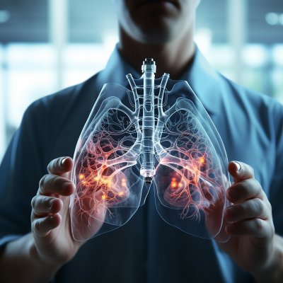 A man holds an animated model of a lung
